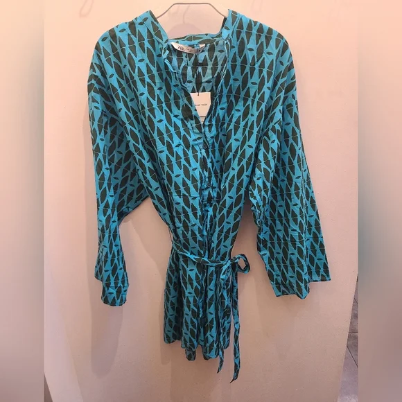 NWT Zara 100% Cotton "The Reese Dress" in Blue Geo Print - Size M - Picture 8 of 14